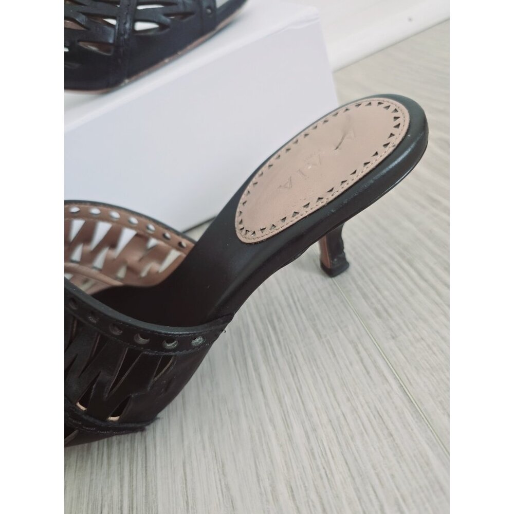 Alaia Paris Cutout Leather Black Slip On Open Toe Kitten Heels Mules Shoes 37 7 - Picture 3 of 11
